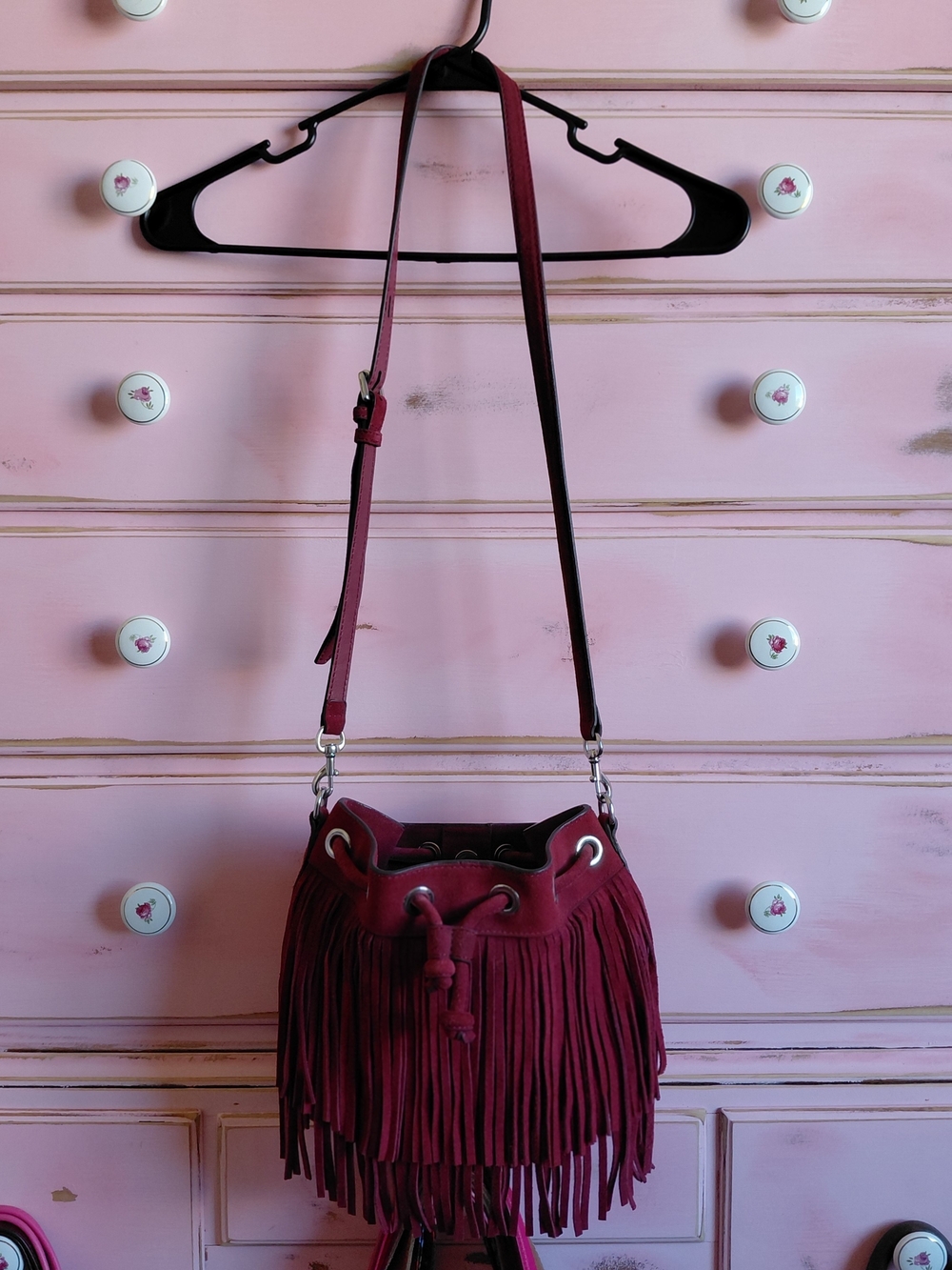Rebecca Minkoff Burgundy Fringe Bucket Crossbody